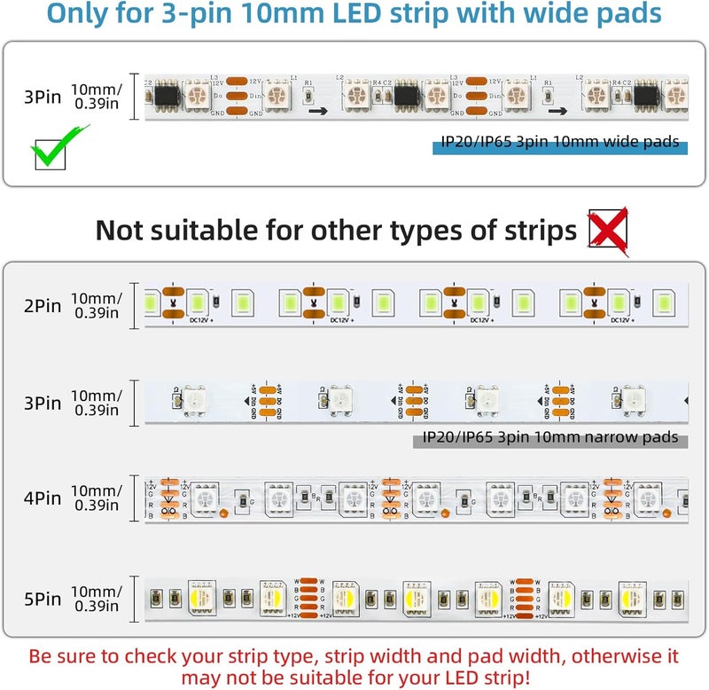 RGBZONE 10Pcs 3 Pin 10mm LED Strip Connectors Gapless Solderless Strip to Wire Quick Connector for 10mm Waterproof and Non-Waterproof WS2811 WS2812B LED Strip Lights - Image 4